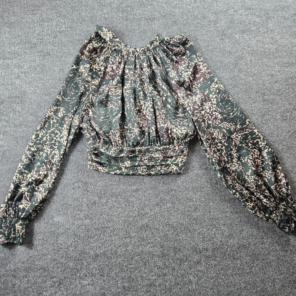 Zara Blouse Womens M Green Abstract Print Smocked Cropped Tie Neck Boho (T13)